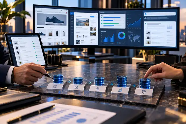 Digital-business dashboards behind a structured transaction flow reviewed by two people.