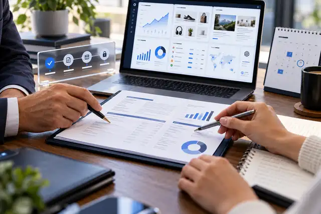 Two people reviewing a digital-business term sheet beside ecommerce, analytics and AI-search dashboards.