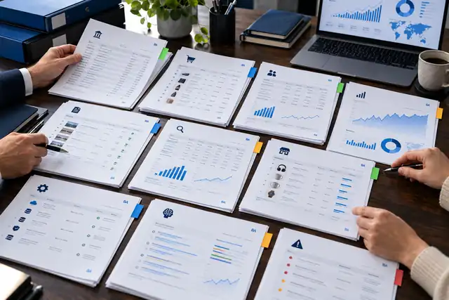 People arranging online-business financial, ecommerce, analytics, content and AI-search evidence.