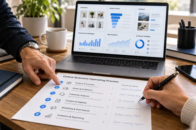Two people reviewing an online-business operating process during a handover.