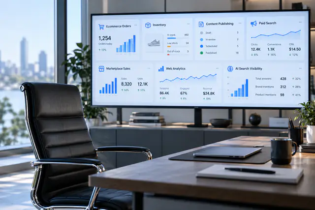 An empty chair beside an organized online-business operating board.