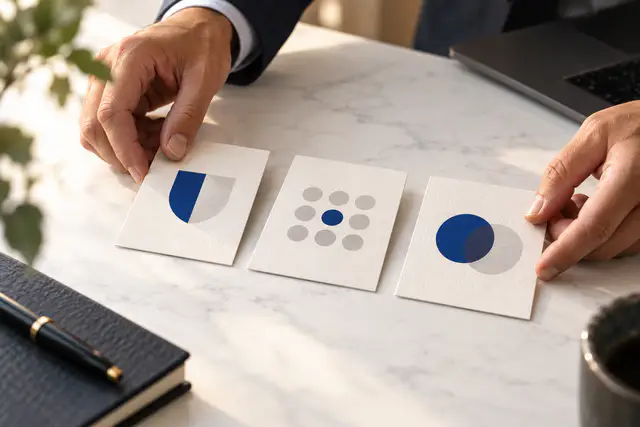 Hands arranging cards representing business valuation assumptions.